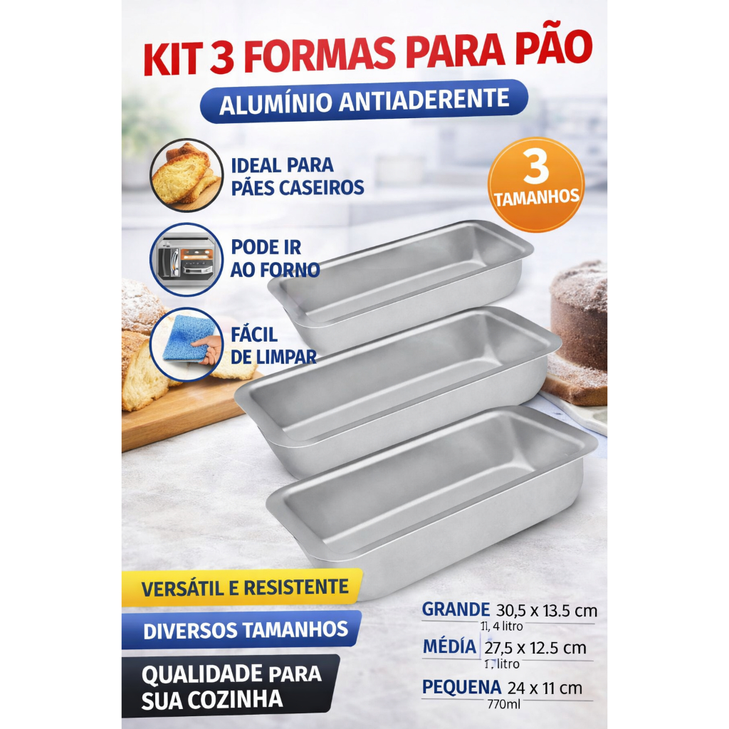 Kit 3 Formas Retangular  Para Pão Pães Alumínio Antiaderente Assadeira Retangular Bolo