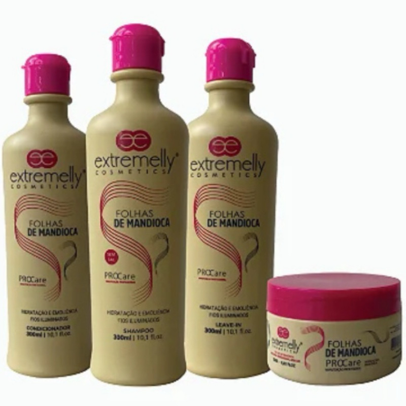 Kit Shampoo Condicionador Máscara Leave In  Folha de Mandioca Extremelly Crescimento Cabelo
