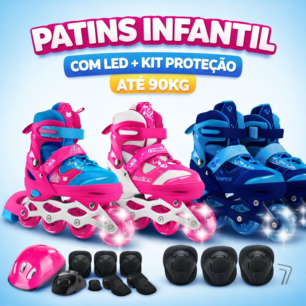 Patins Infantil Ajustável 4 Rodas LED + Kit Proteção Capacete Joelheira Cotoveleira Até 90kg Menino Menina TAM 31 ao 38