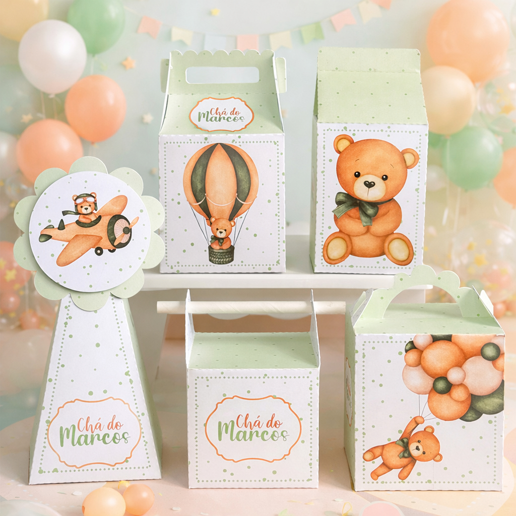 PEGUE E MONTE - Kit Festa Chá de Bebê Revelação Ursinho Verde - Personalizados Lembrancinhas Caixinhas