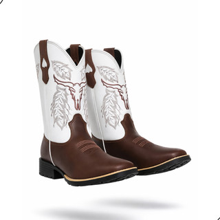 Texana Masculina Boi Branco Bordado Bota Blaqueada da Moda Vaquejada Bico Quadrado Envio Imediato