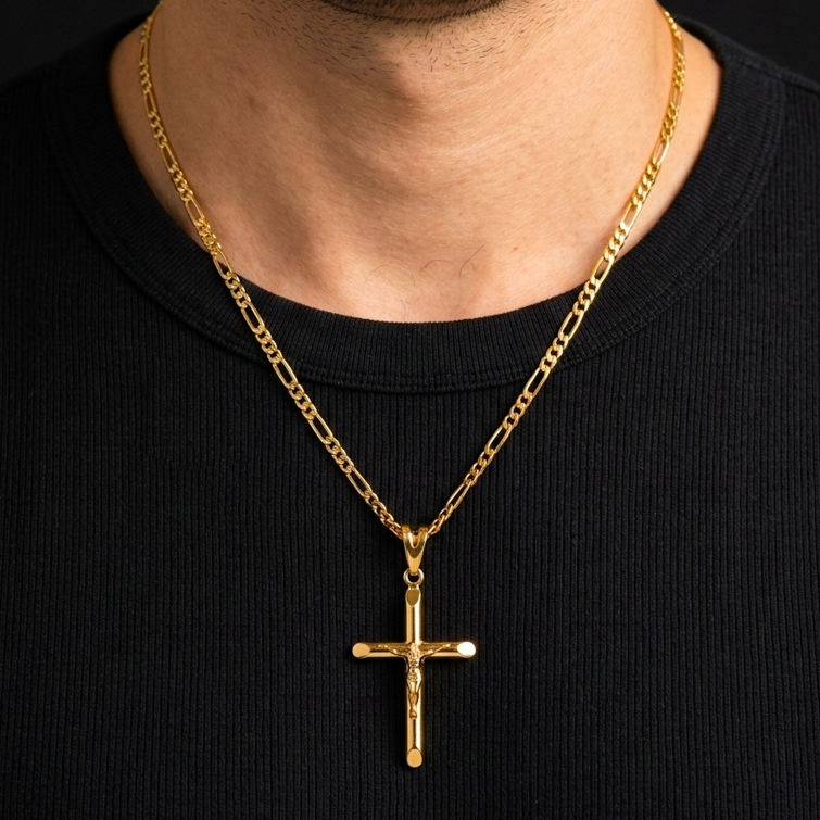 Corrente Cordão Masculino Folheado + Pingente Cruz Minimalista Ouro 18k
