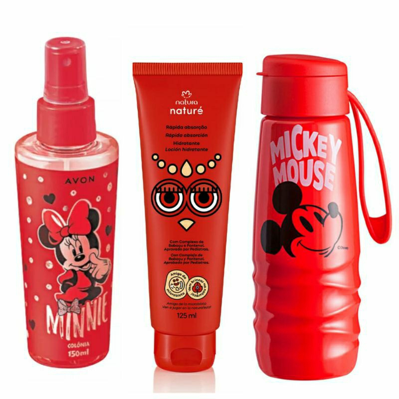 Kit Colônia Infantil Minnie 150ml + Loção Hidratante Corporal Naturé 125ml Natura + Garrafa de Água Mickey 750ml Avon