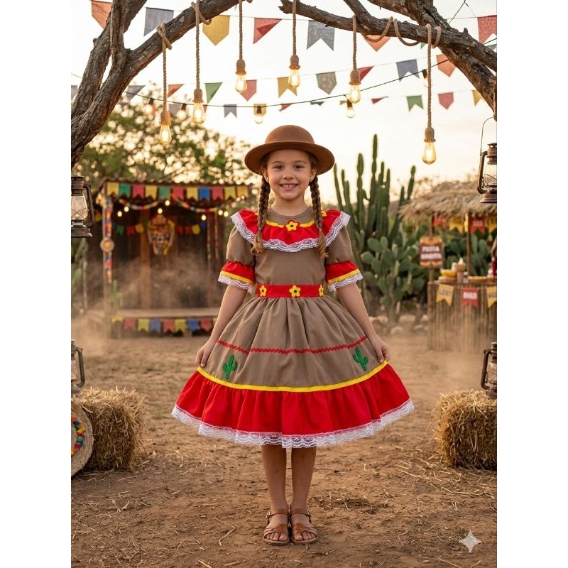 Fantasia Vestido Cangaceira Maria Bonita festa junina infantil quadrilha arraia São João quermesse roça junino caipira