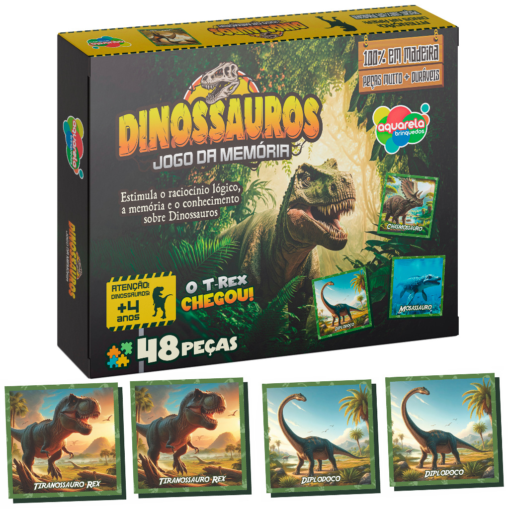Jogo da Memória Dinossauros 48 Peças em Madeira Aquarela Brinquedos