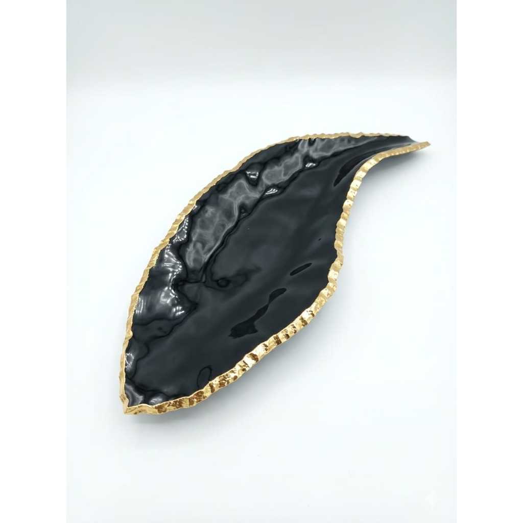 Centro de Mesa Decorativo Murano Folha Preta Borda Dourada Luxo Grande 50cm AD Casa