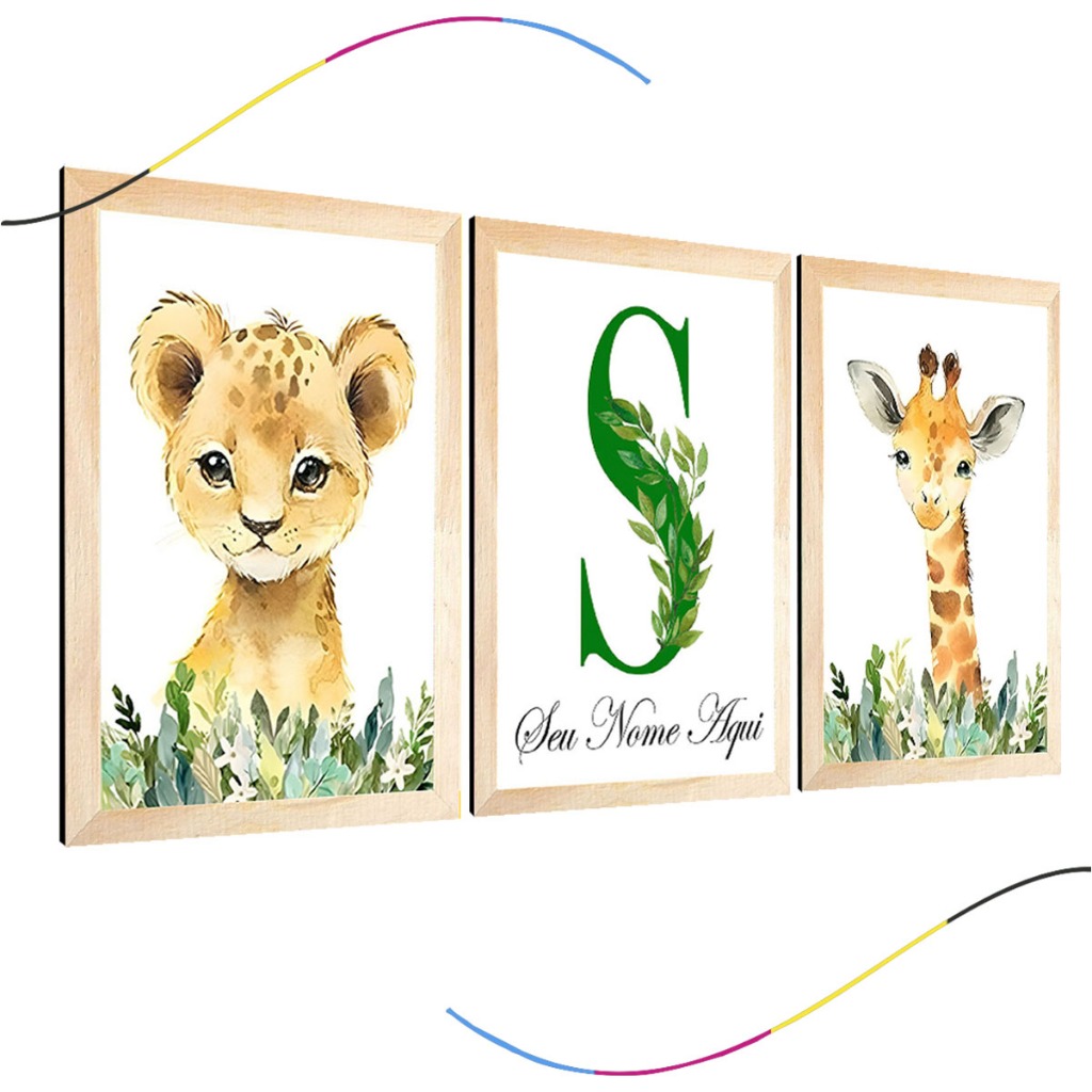 quadro decorativo infantil safari girafa leão personalizado 3 peças