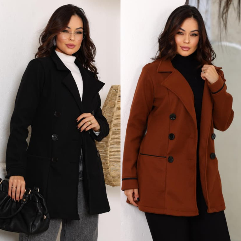 Casaco Sobretudo De LÃ BATIDA Com Botões Gola Redobrável e Bolsos Moda Inverno