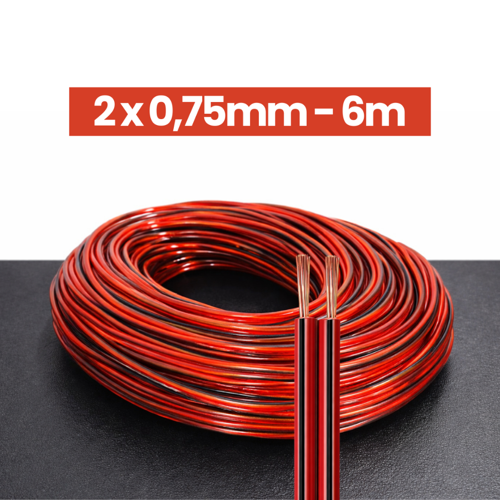Rolo Fio Bicolor 6m Cabo Som Automotivo 0,75mm Preto E Vermelho Flexível Alto Falante Led 18 Awg