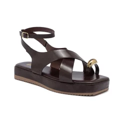 Sandália Papete Feminina Plataforma Flatform Anel de Dedo Dourado Tira Cruzada Confortável Leve