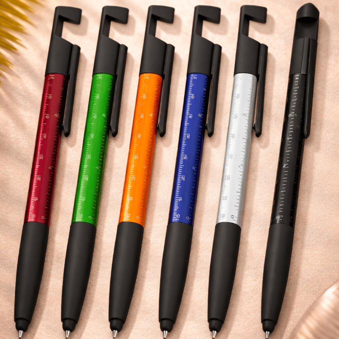KIT 5 ou 10 Caneta Multifuncional com Régua 7cm, Stylus Touch, Suporte Celular e Limpador de Tela