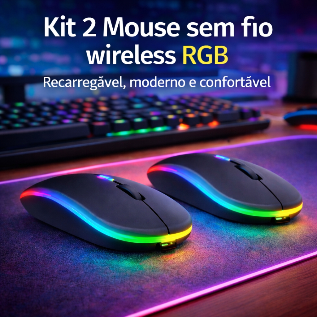 Kit 2 Mouse Sem Fio Wireless RGB Preto Silencioso Recarregavel USB Ajuste DPI Gamer Escritório