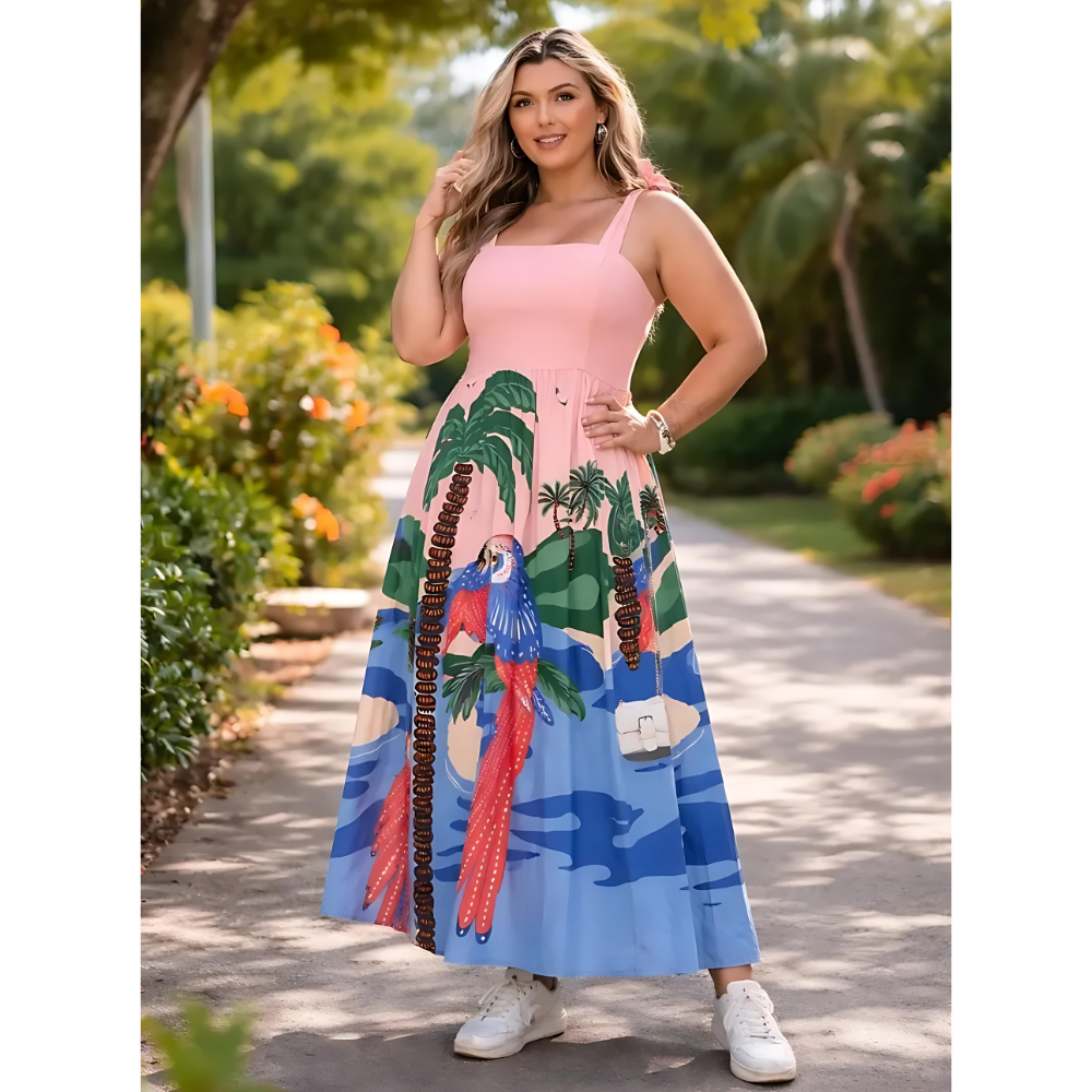 Vestido Longo Plus Size Estampa Tropical Verão Plus Size com Alças Reguláveis e Lastex nas Costas