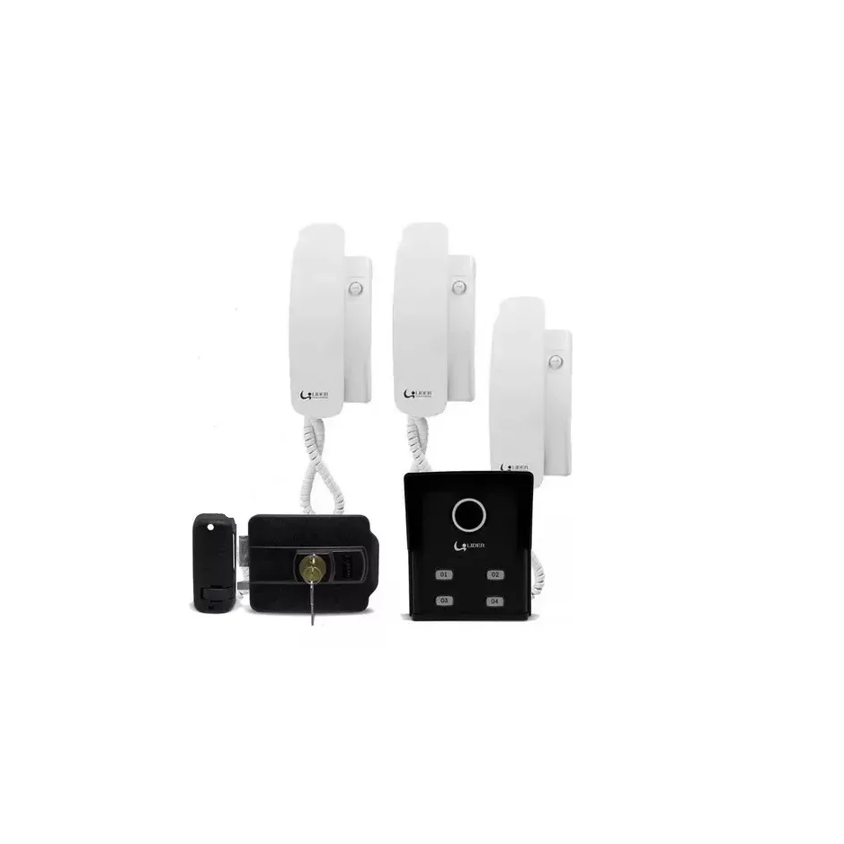 Kit Porteiro Eletrônico Interfone 3 Pontos Apartamentos + 3 Fones + Fechadura Elétrica LR804 Lider