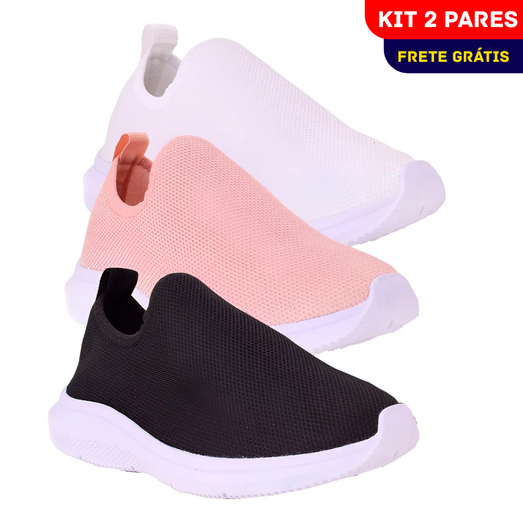 Kit 2 Tênis Feminino Calce Fácil Slip On Ortopédico Casual Academia Caminhada