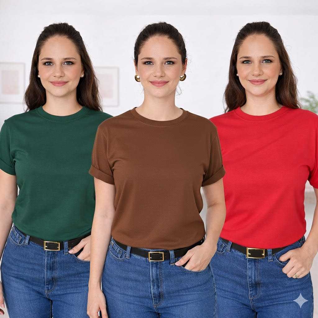 Kit com 3 Camisetas Femininas Básicas Lisa Algodão Confortável T-Shirt Moda Feminina Diversas Cores