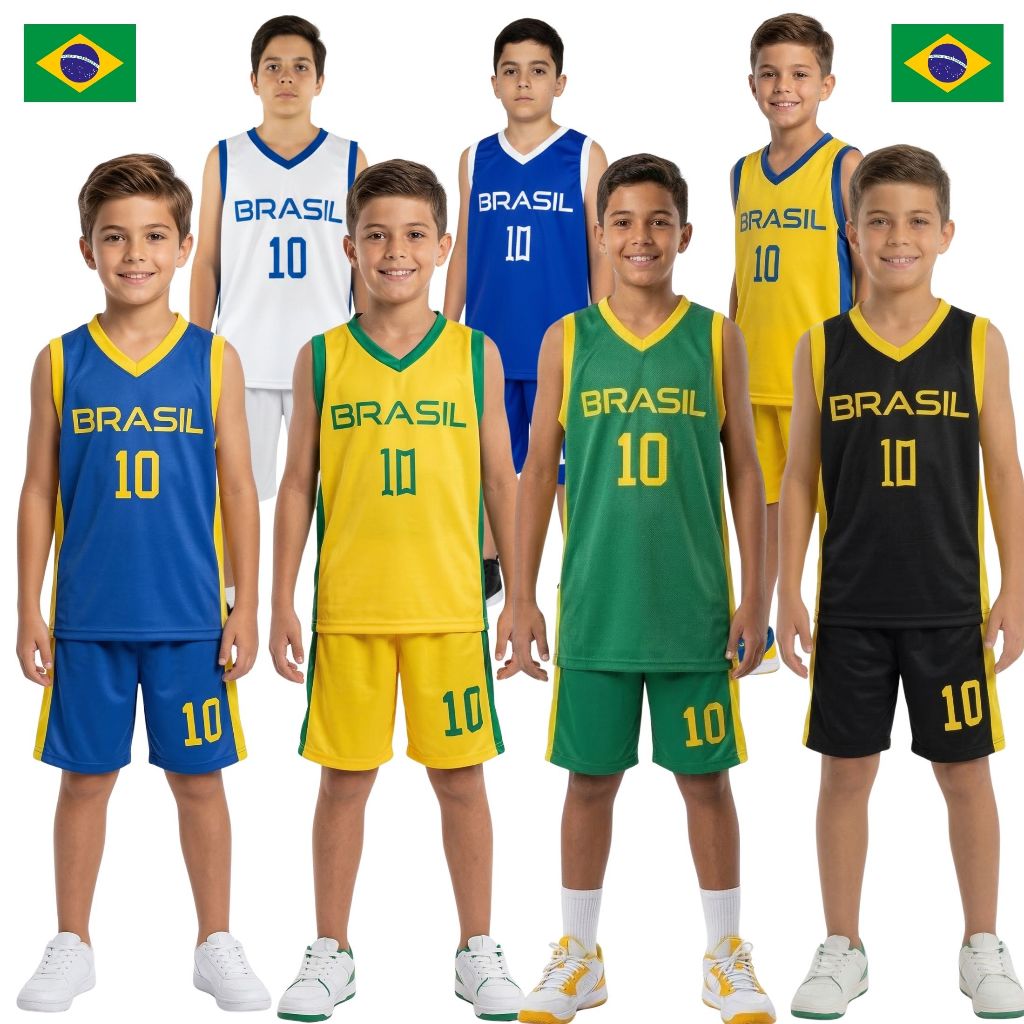 Conjunto Infantil Brasil Menino Futebol Regata + Short Esportivo 6 a 12 anos