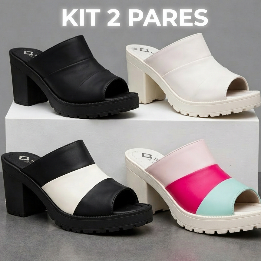 KIT 2 Pares Tamanco Anabela Sandália Feminina Slide Confortável Salto Bloco Sola Anatômica Tratorado