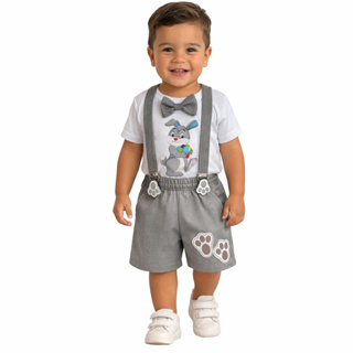 CONJUNTO INFANTIL MENINO COELHO PÁSCOA CINZA, FESTA MESVERSÁRIO COELHO em Oferta na Shopee