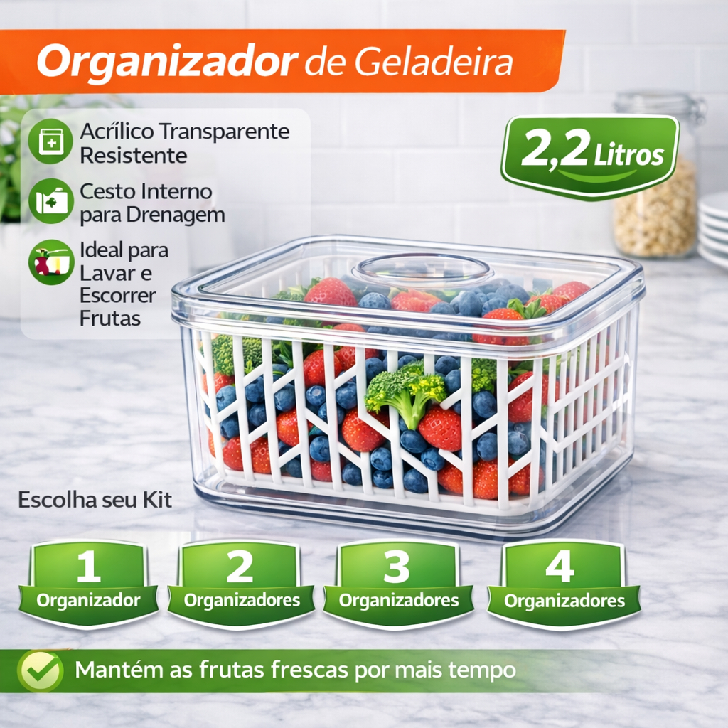 Escolha o Kit 1, 2, 3 e 4 Organizador de Geladeira Acrílico Com Cesto de Drenagem Pote para Frutas em Oferta na Shopee