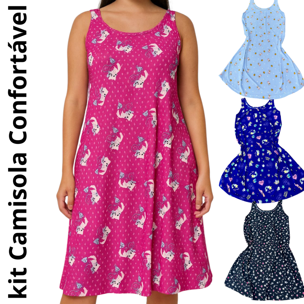 KIT CAMISOLA REGATA GRANDE SENHORA VESTIDO GESTANTE PLUS SIZE PIJAMA VERÃO CONFORTÁVEL LIGANETE ROUPA DE DORMIR