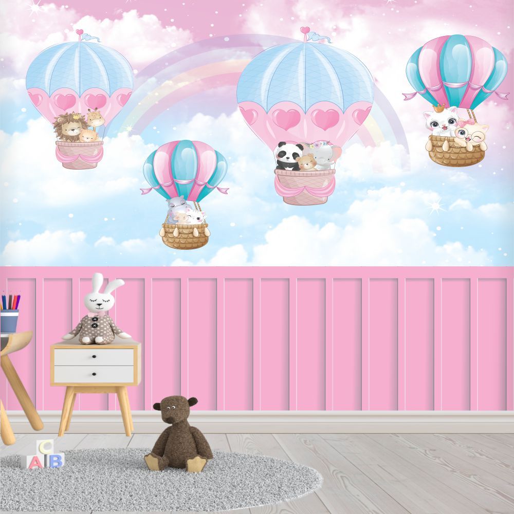 Papel de Parede Adesivo Safari no Balão com Ripa Rosa - Painel Compleo - Decoração Infantil Menina