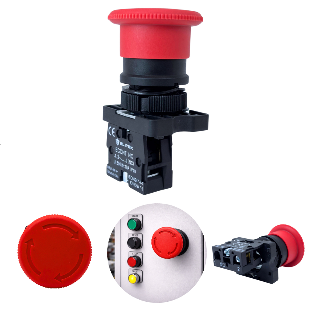 Botão Cogumelo Emergência 22mm Vermelho 1NF Com Trava Gira e Destrava Interruptor Boteira Industrial Painel