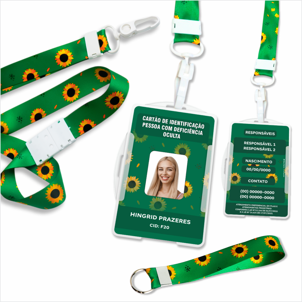 Kit Crachá de Identificação Girassol PERSONALIZADO + Cordão com Trava de Segurança + Chaveiro