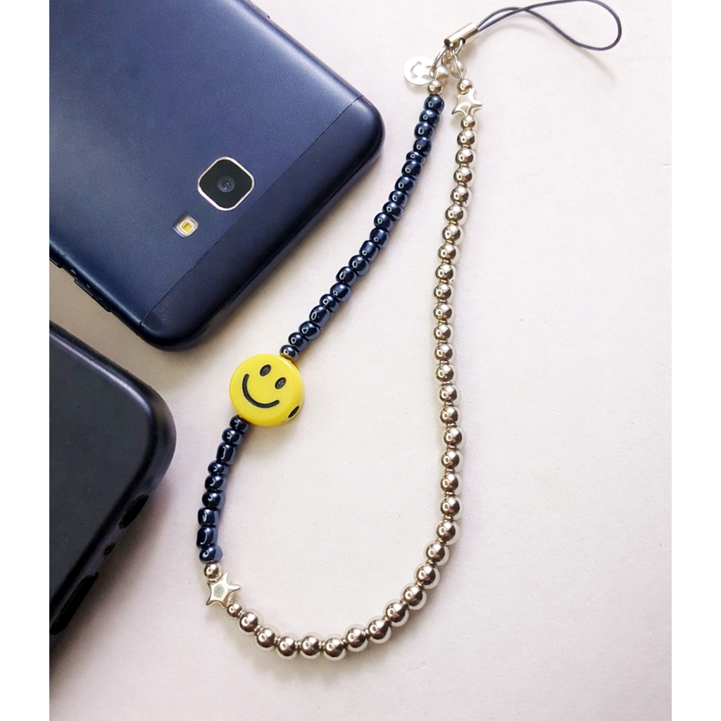 Cordão de Celular Smile Azul Marinho e Prata - Cordão para Celular Carinha Feliz - Phonestrap Salva Celular