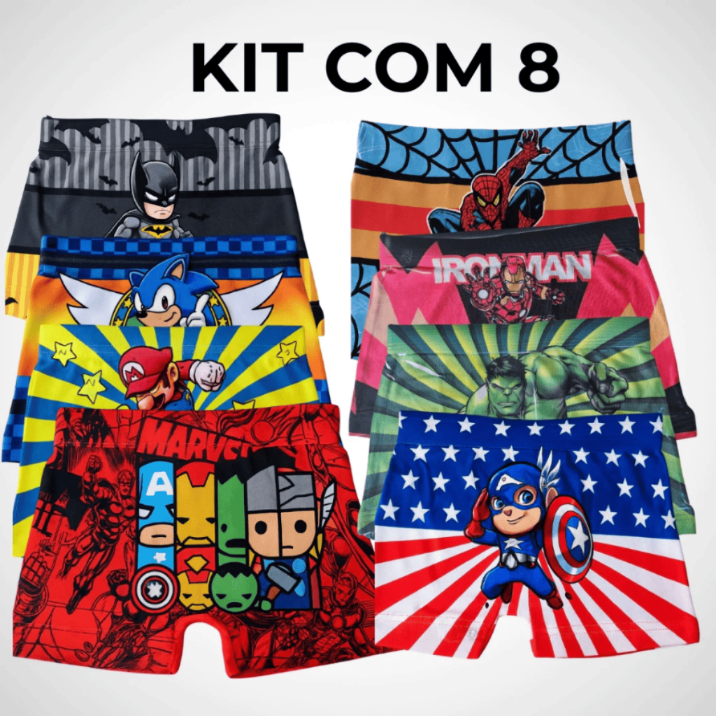 Kit 8 Cuecas Boxer Box Menino Infantil Estampada Personagens Personagem Microfibra Conforto Juvenil