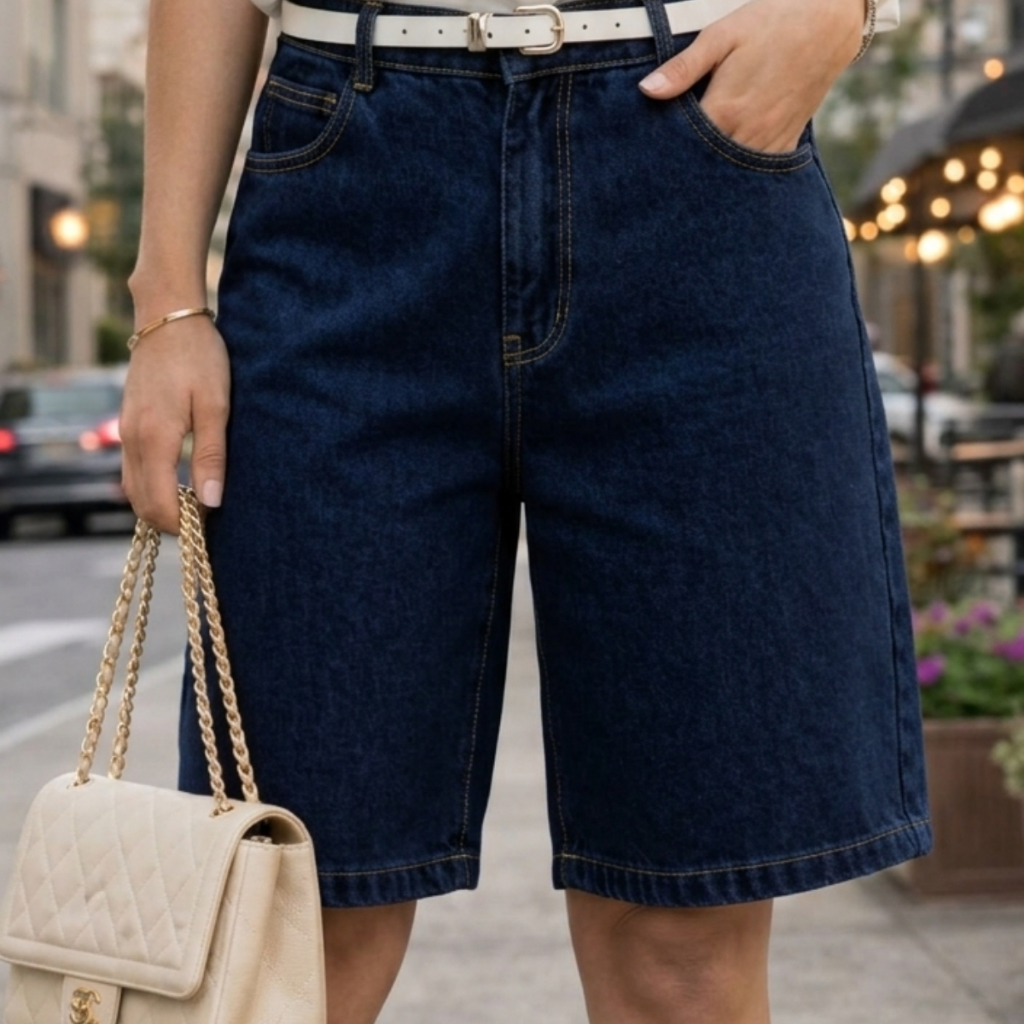 Bermuda Feminina Jeans Mom Pedal Cintura Alta Comprida  Confortável Elegante