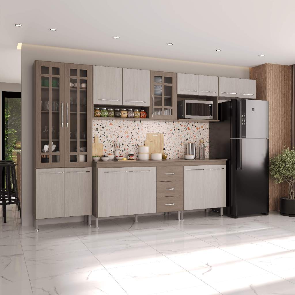 Armário de Cozinha Modulada Completa Fidelitá Paris 6 Peças 330cm 15 Portas 3 Gavetas Com Tampo Nogal/Salinas
