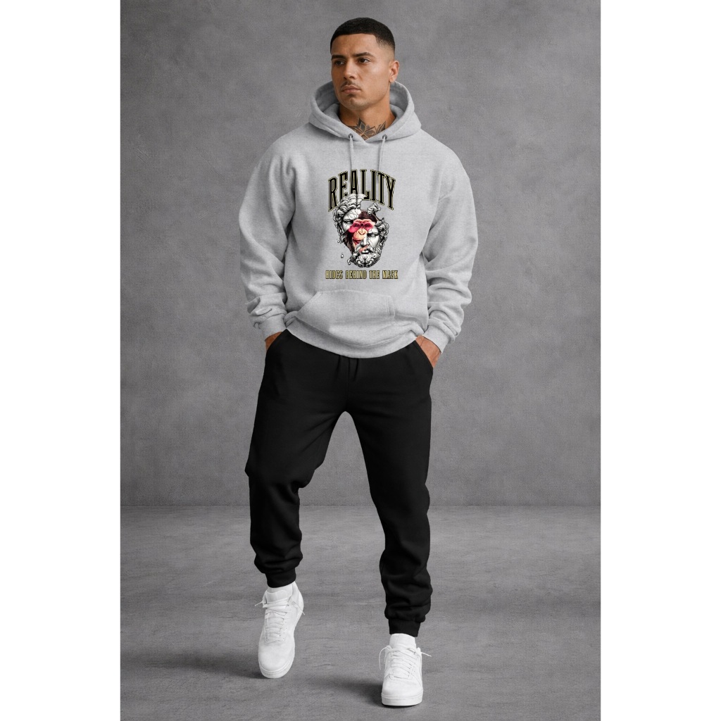 Conjunto Moletom Masculino Estampado Reality com Capuz + Calça Jogger Moletom Inverno Casual Streetwear Confortável