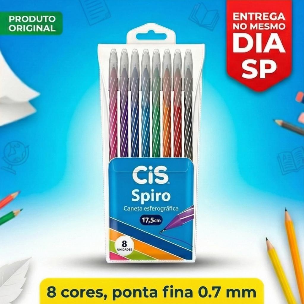 Caneta Esferográfica CIS Spiro 0.7mm Ponta Fina Caneta 8 Cores Colorida Escola Escritório Original