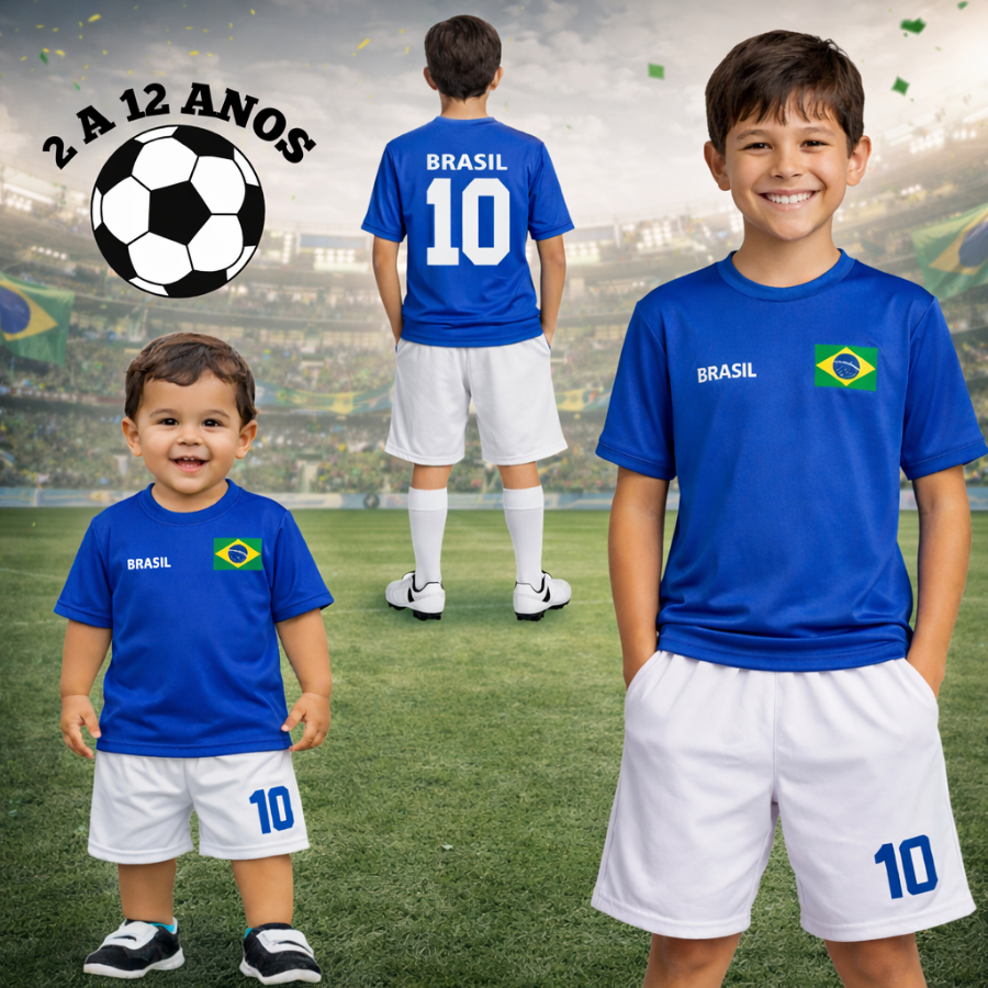 Conjunto Infantil do Brasil - Camiseta Azul Infantil do Brasil + Bermuda Infantil do Brasil COPA