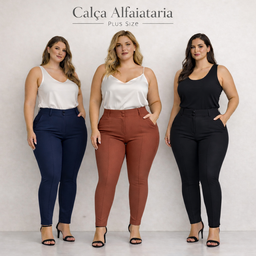 Calça Plus Size Feminina Tecido Bengaline Com 2 Botões Social  Cintura Alta Alfaiataria 42 ao 52