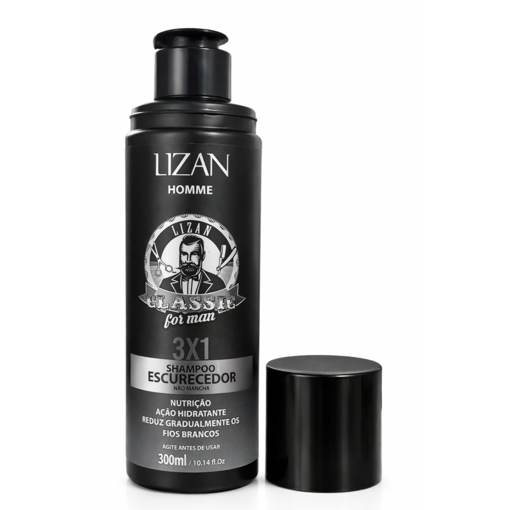Shampoo Escurecedor Masculino 3 em 1 Lizan Classic 300ml Reduz Fios Brancos Gradualmente Não Mancha
