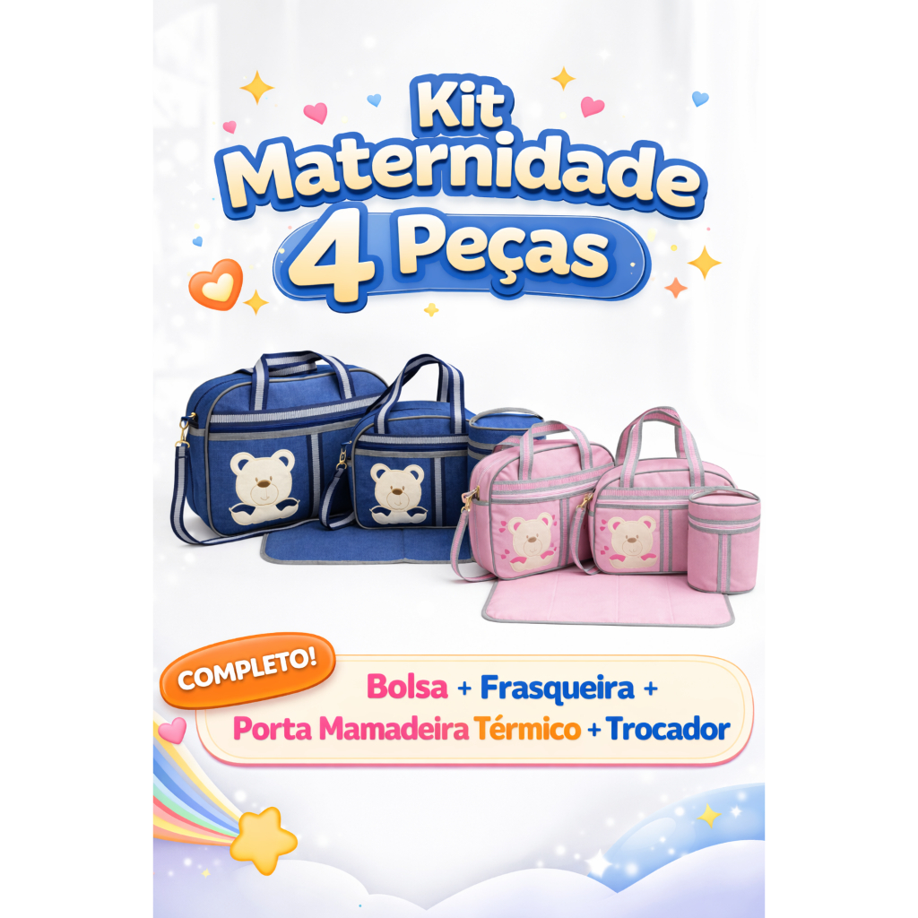 Kit Bolsa Maternidade 4 Peças Urso Corações Wbaby – Bolsa Bebê + Frasqueira + Porta Mamadeira + Trocador