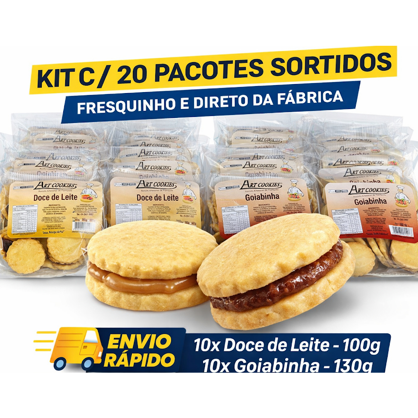 kit 20 pacotes de biscoitos amanteigados recheados doce de leite e/ou goiabinha Artcookies