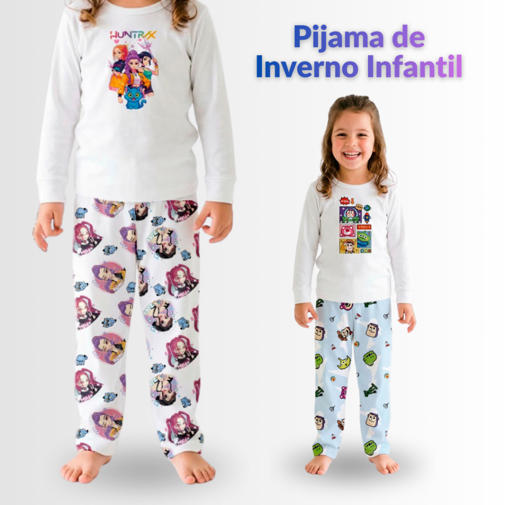 PIJAMA INFANTIL DE INVERNO FEMININO MANGA LONGA E CALÇA PERSONAGENS EM SUEDE PREMIUM