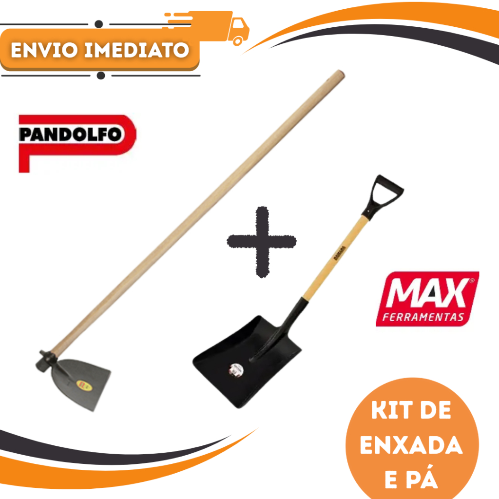 Kit 2 Unidades Pá Quadrada Com Cabo De Madeira 71cm Max + Enxada Larga 28cm Cabo De Madeira 1,20cm Pandolfo - ORIGINAL