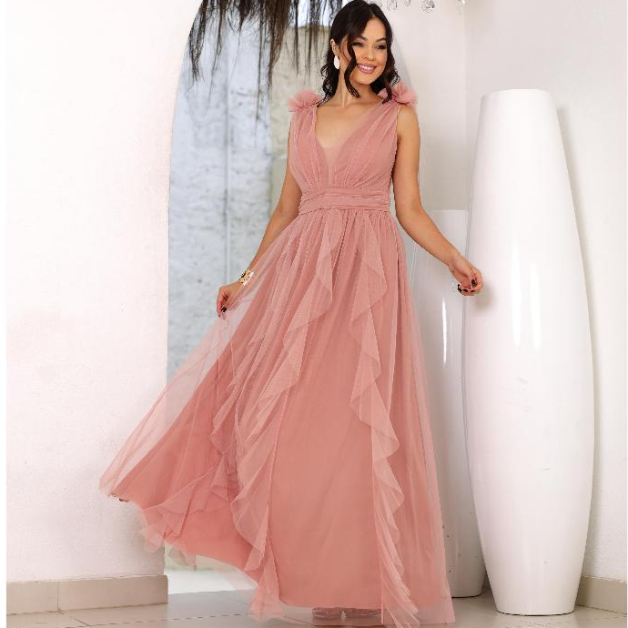 Vestido Feminino Longo de Festa Tule Elegante Madrinha Casamento Formatura Decote V Moda Luxo