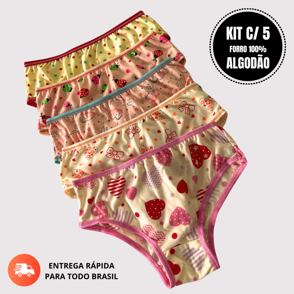 Kit 5 Calcinha Infantil Menina Algodão Atacado Confortável Estampada Forro 100% Algodão