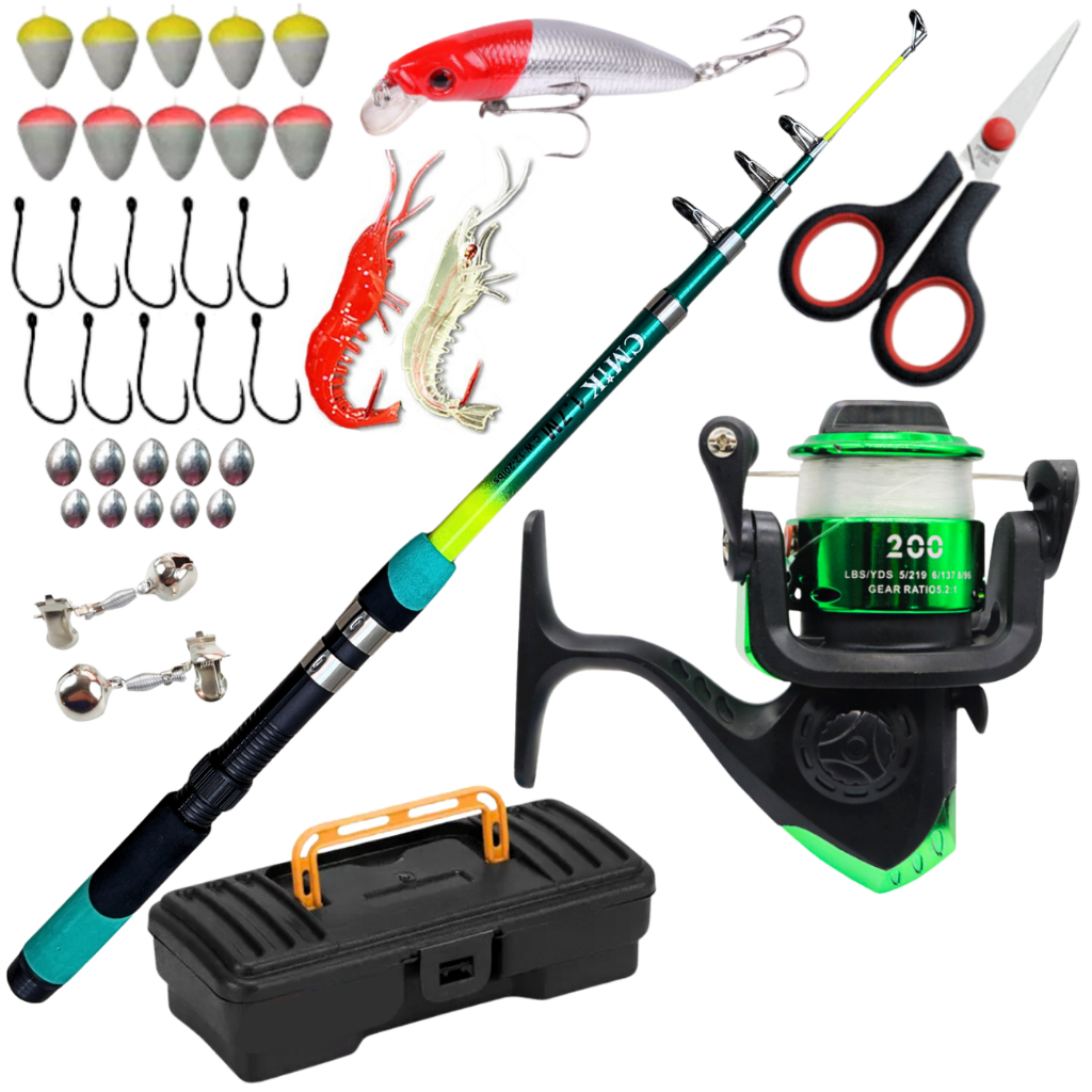 KIT VARA PESCA TELESCOPICA MOLINETE ISCA ARTIFICIAL  CAIXA DE PESCA SAMBURA COMPLETO