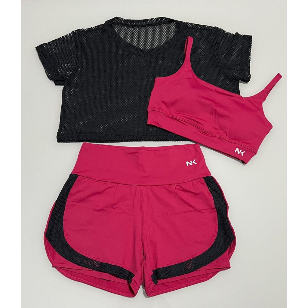 Conjunto Fitness Feminino Short Duplo 3 Peças Academia Beach Tennis Corrida