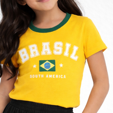 Blusa Feminina do Brasil Infantil Algodão Menina Copa do Mundo Estampa Bandeira