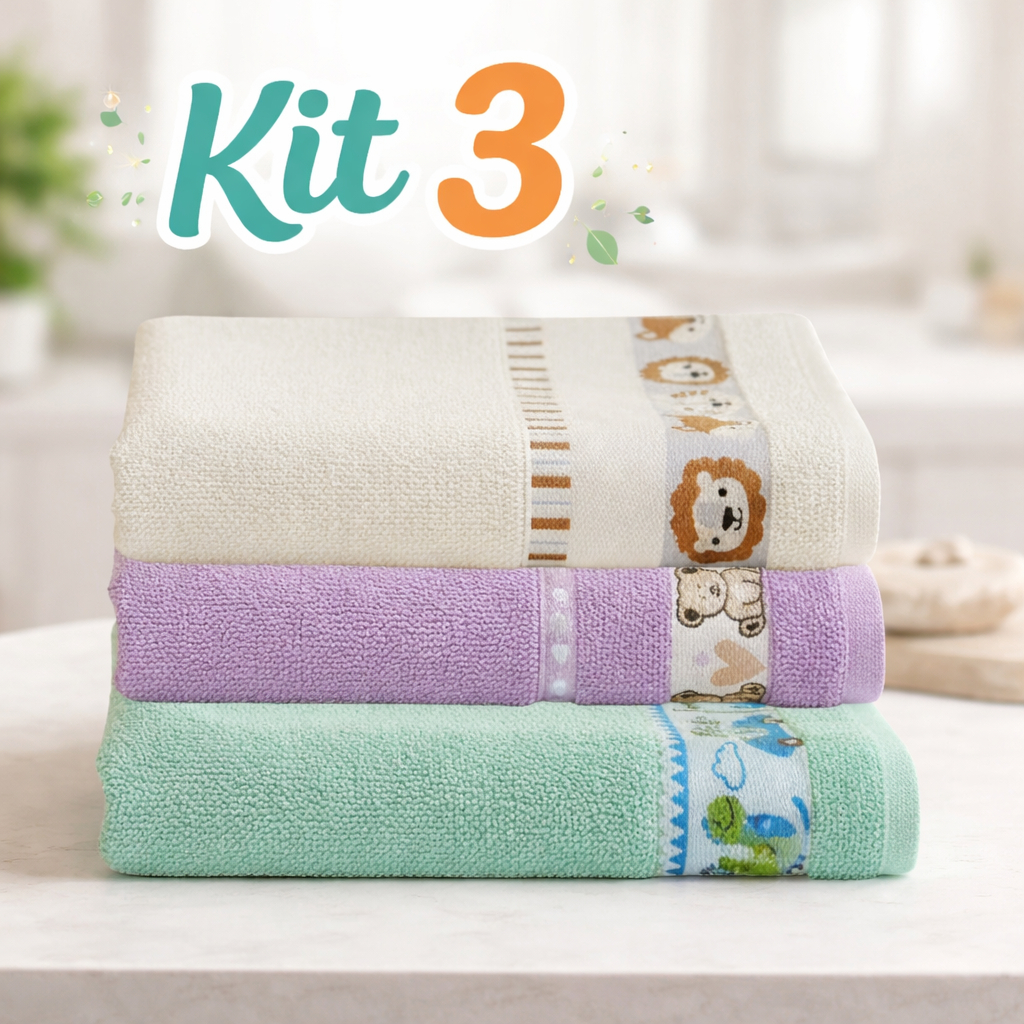 Kit 3 Toalhas Banho Bebê Infantil 120x70 Algodão Macia Alta Absorção Bichinhos