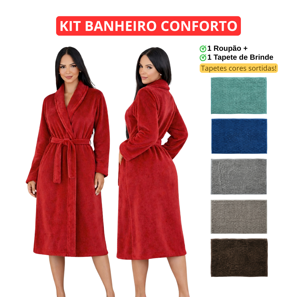 Kit Roupão de Microfibra Plush Macio + Tapete Para Banheiro Absorvente Antiderrapante