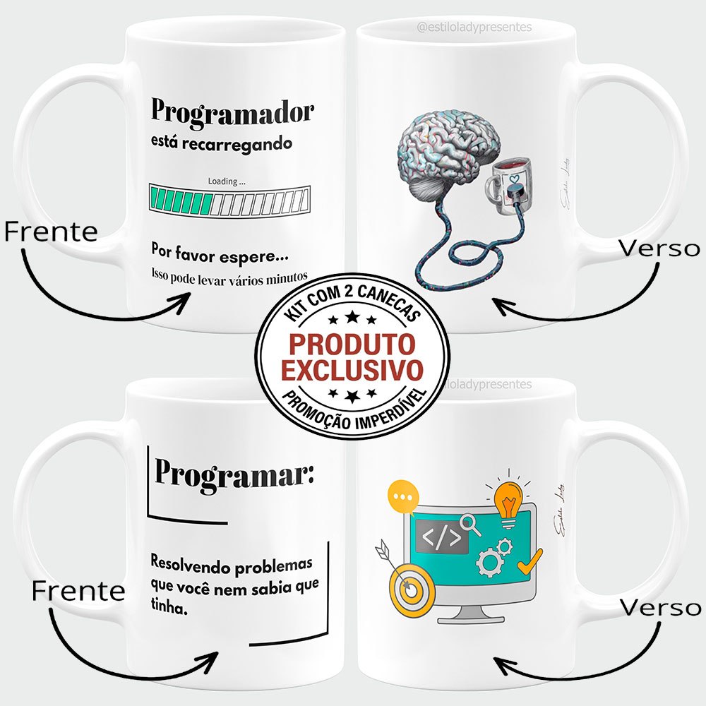 Kit 2 Canecas Programador Geek TI Porcelana Premium Presente Dev Cerâmica Amigo Secreto 325ml