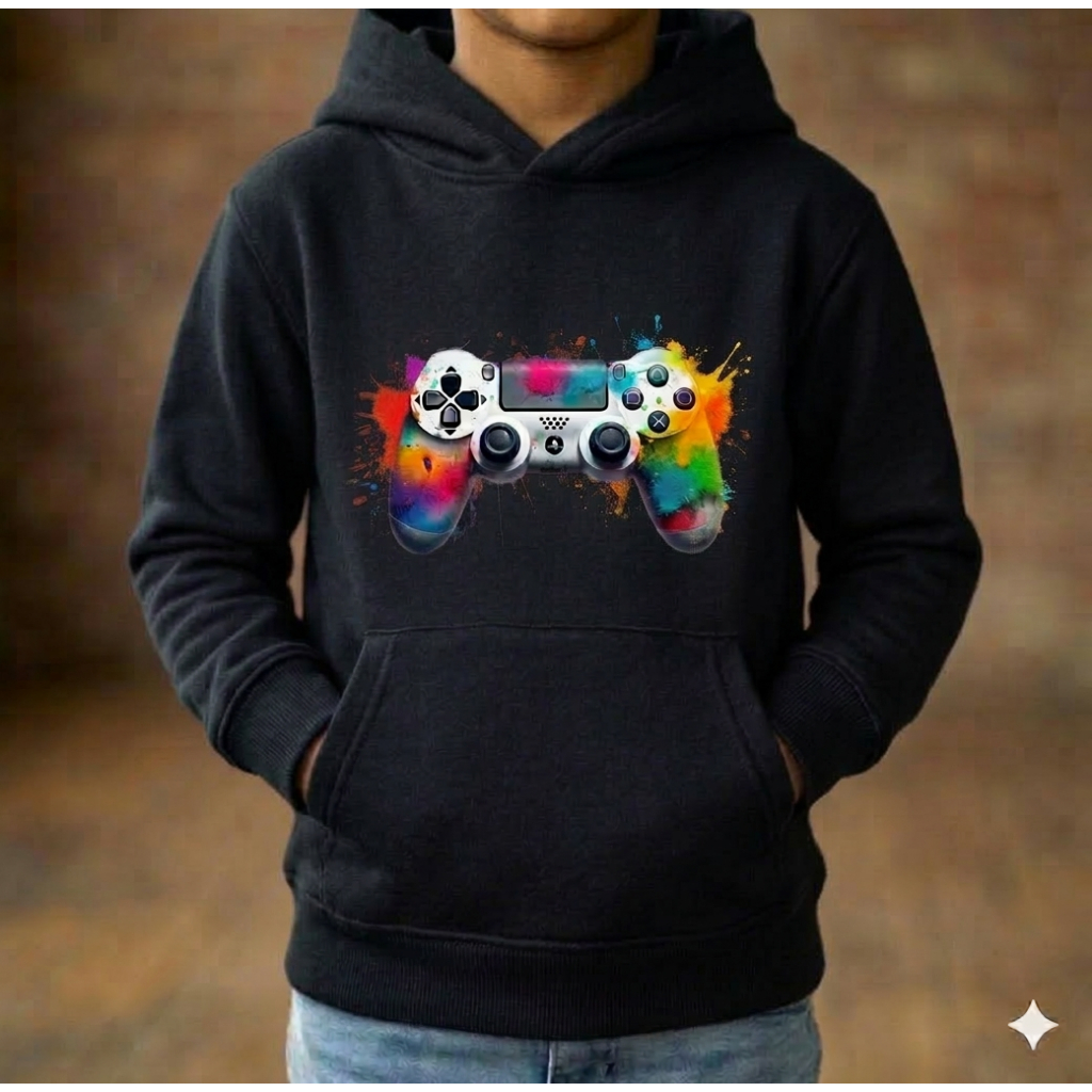 Moletom Flanelado Infantil Algodão Estampa Playstation Video Game Capuz Bolso Canguru Gamer